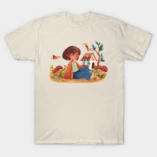 girl playing with birds hand drawn T-Shirt